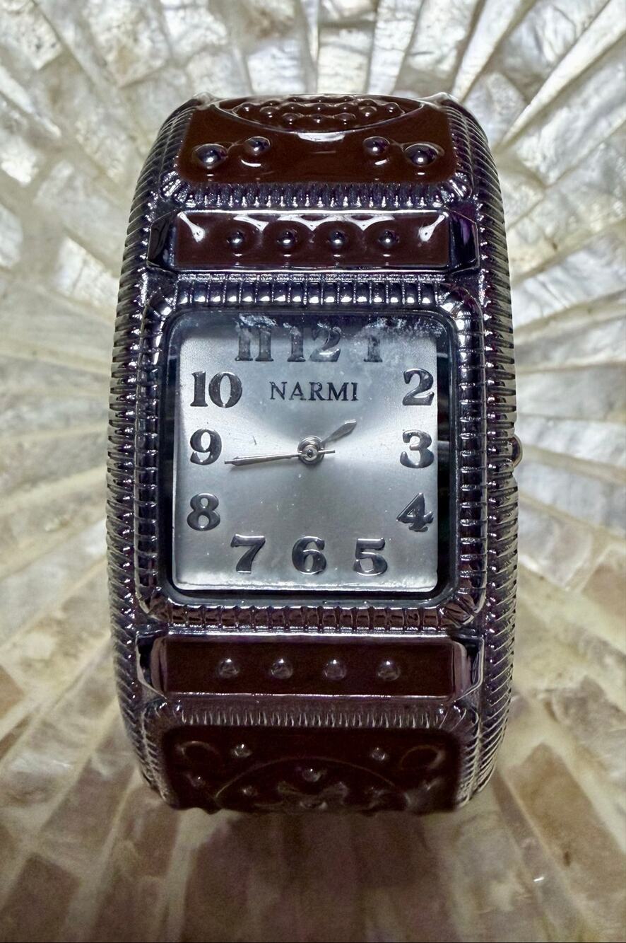 Narmi Brown Enamel Hinged Bangle Watch Silver Tone Cuff Bracelet